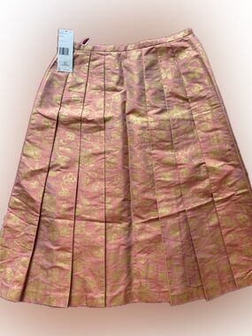 NWT Lafayette 148 Silk Skirt NY Pink Gold Midi Floral A-Line Pleated - Size 4